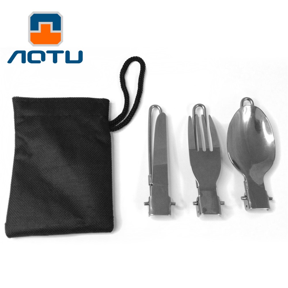 AOTU AT6387 Outdoors Edelstahl Faltbares Messer + Gabel + Löffel 3-in-1 Set Für Camping, Wandern Usw.