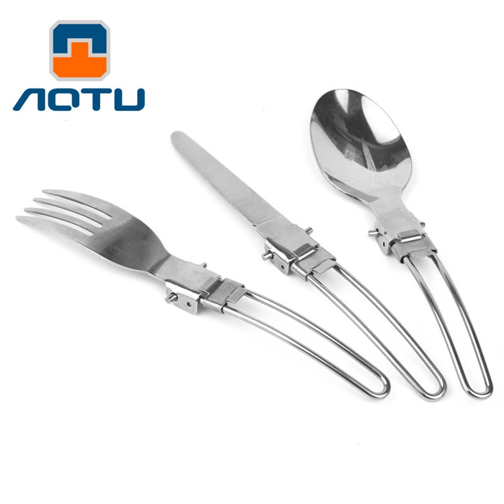 AOTU AT6387 Outdoors Stainless Steel Foldable Knife + Fork + Spoon 3-in-1 Set for Camping, Hiking etc.-6