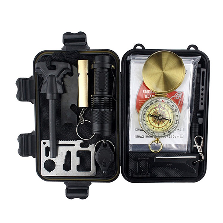 CTSMART 9-in-1 Flint Compass Knife Blanket Outdoor Whistle Survival Kit-1