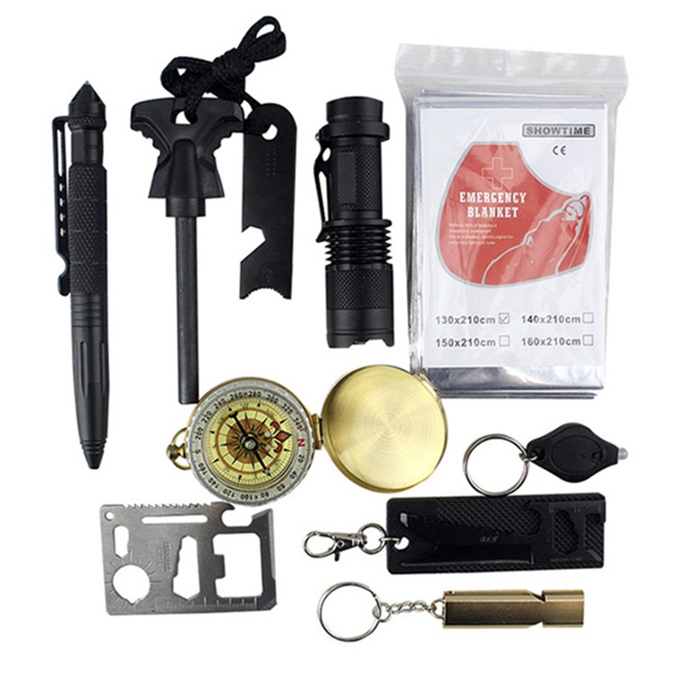 CTSMART 9-in-1 Flint Compass Knife Blanket Outdoor Whistle Survival Kit-8