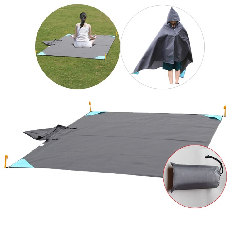 Multi-functional Hiking Camping Mat Outdoor Picnic Pad Raincoat with Hood, Size: 140x140cm - Grey-1