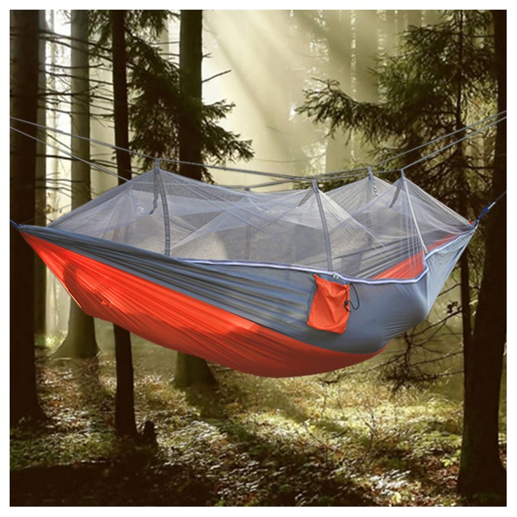 Mosquito Net Outdoor Hammock Travel Bed Lightweight Parachute Fabric Double Hammock - Grey + Orange-1