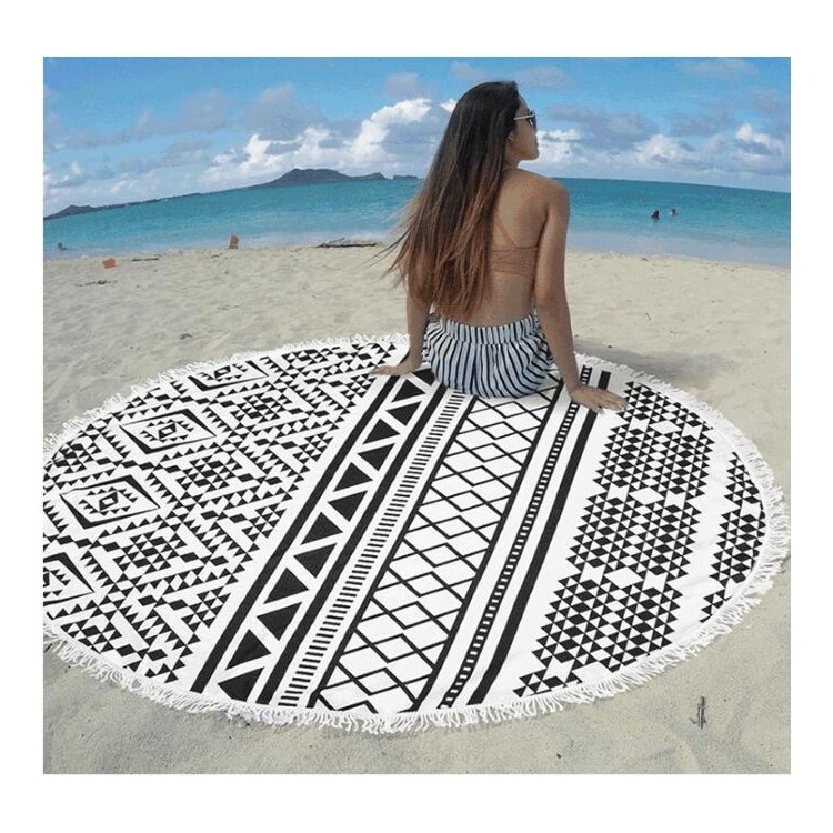 New Printed Round Beach Towel 150cm Bath Towels with Tassels - Black Geometric Figure-1