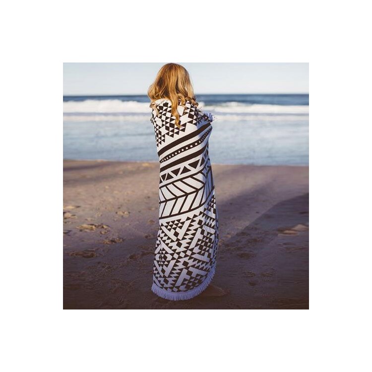 New Printed Round Beach Towel 150cm Bath Towels with Tassels - Black Geometric Figure-2