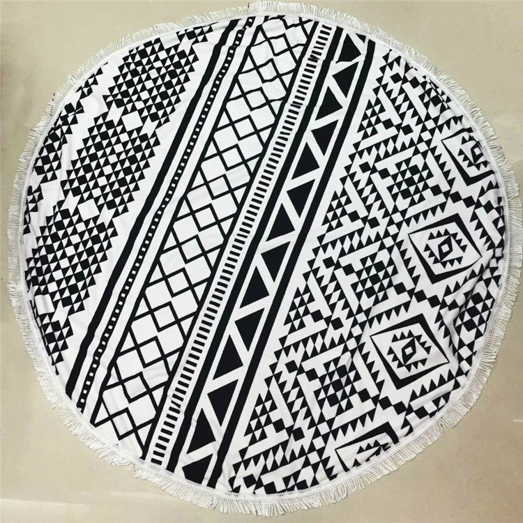 New Printed Round Beach Towel 150cm Bath Towels with Tassels - Black Geometric Figure-3