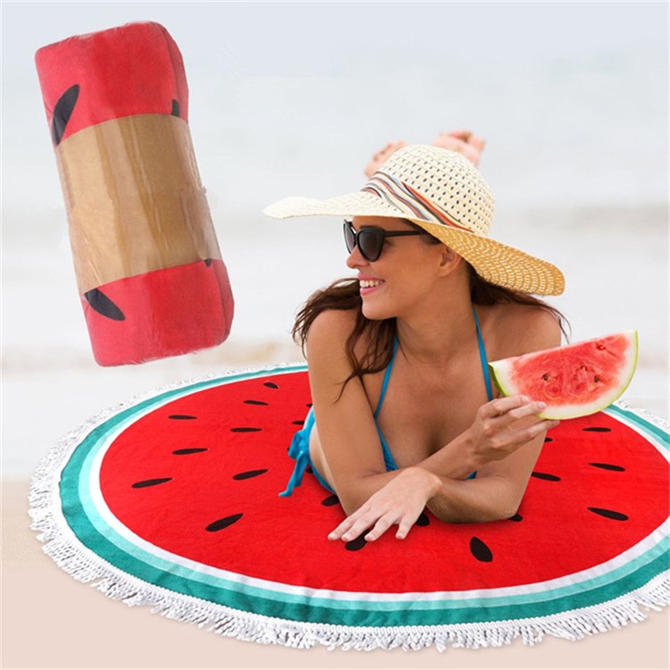 New Printed Round Sunbath Blanket 150cm Bath Towels with Tassels - Watermelon-1