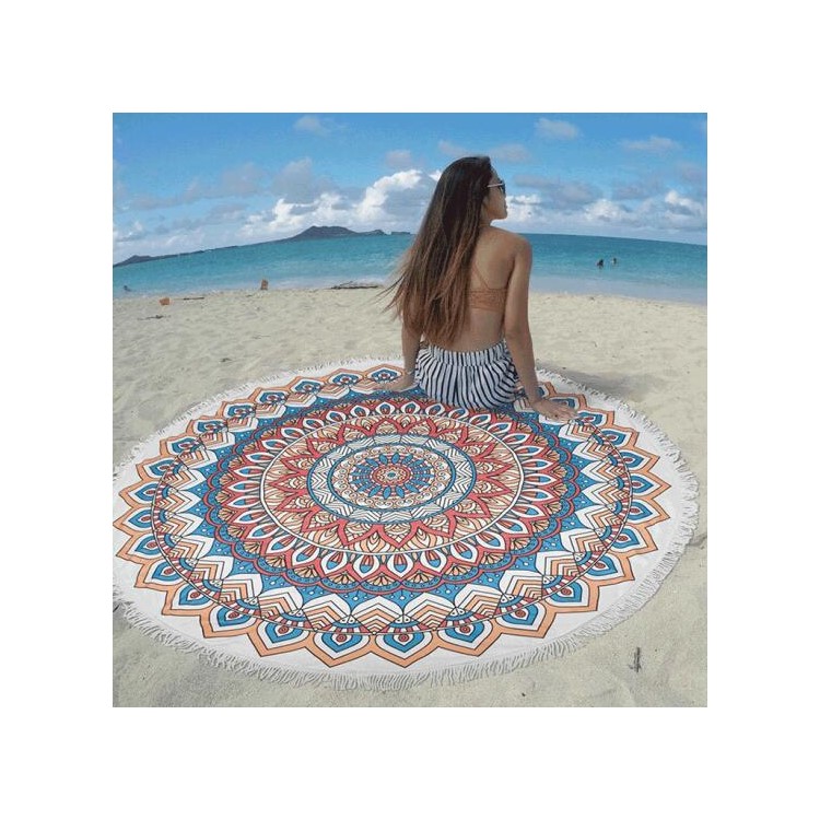 Women Sandy Swimming Sunbath Blanket Cover Tassels (150cm) - Mandala-1