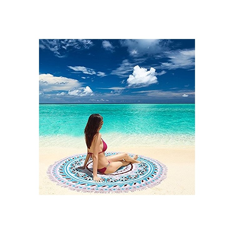 Round Printed 150cm Sandy Swimming Beach Shawl Cover with Tassels for Women - Pink and Blue Pattern Printing-1