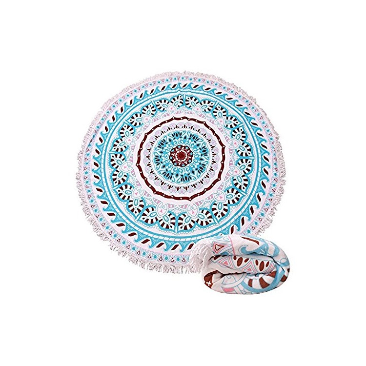 Round Printed 150cm Sandy Swimming Beach Shawl Cover with Tassels for Women - Pink and Blue Pattern Printing-3