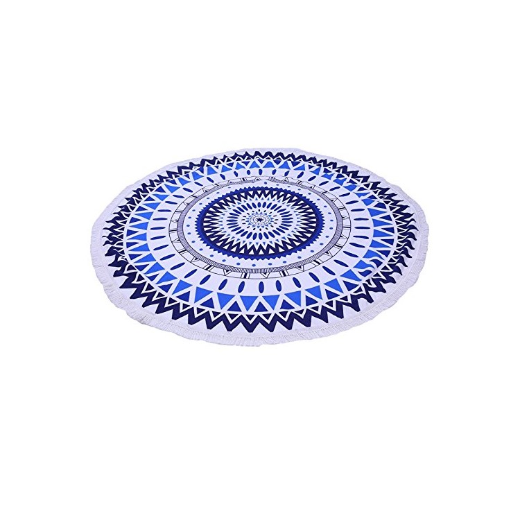 New Printed Round Bath Towels 150cm Beach Towel with Tassels - Dark Blue and Baby Blue Geometric Figure-1