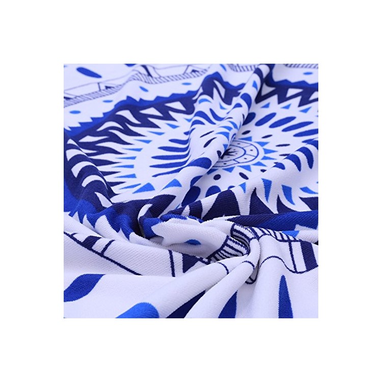 New Printed Round Bath Towels 150cm Beach Towel with Tassels - Dark Blue and Baby Blue Geometric Figure-2