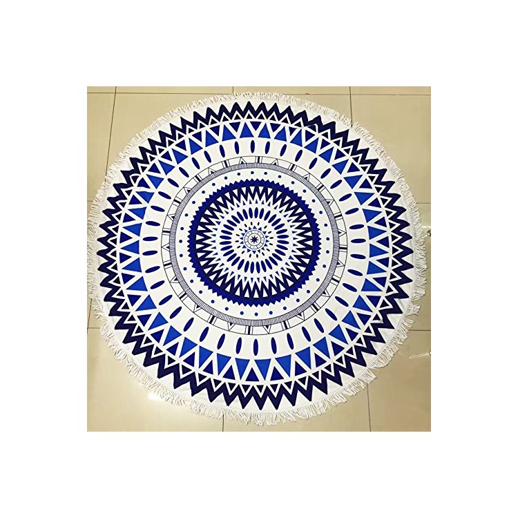 New Printed Round Bath Towels 150cm Beach Towel with Tassels - Dark Blue and Baby Blue Geometric Figure-3