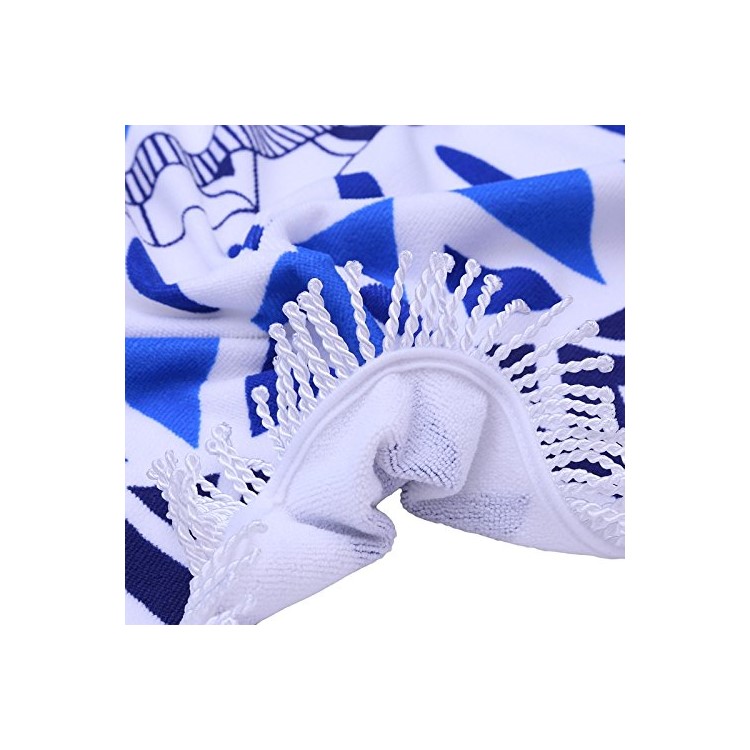 New Printed Round Bath Towels 150cm Beach Towel with Tassels - Dark Blue and Baby Blue Geometric Figure-4