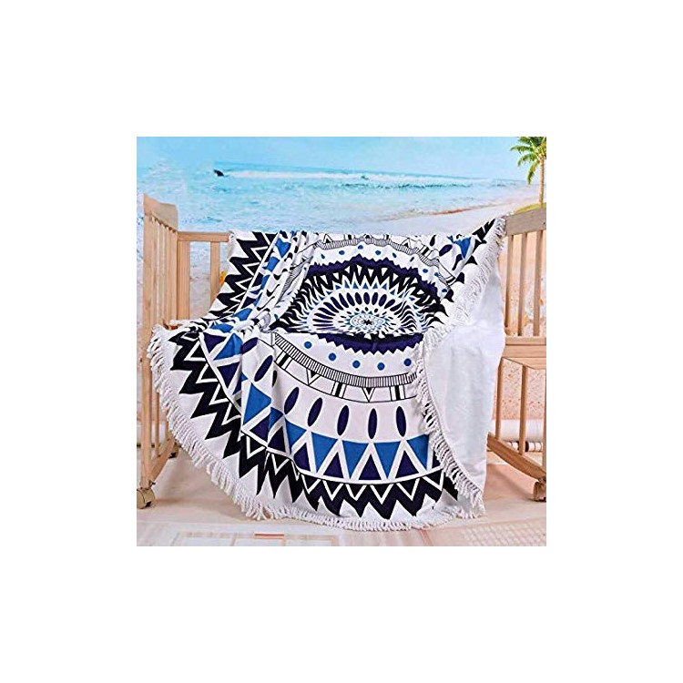 New Printed Round Bath Towels 150cm Beach Towel with Tassels - Dark Blue and Baby Blue Geometric Figure-5