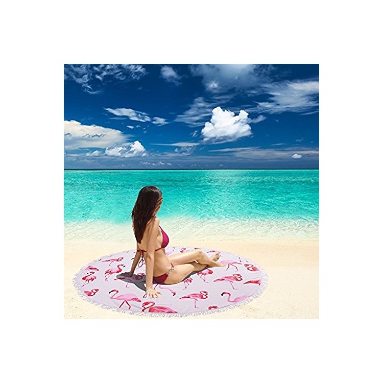 Fashionable Printed 150cm Round Bath Towels with Tassels Beach Towel - Flamingo-2