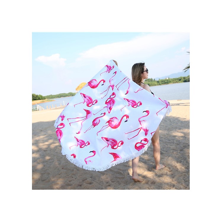 Fashionable Printed 150cm Round Bath Towels with Tassels Beach Towel - Flamingo-4