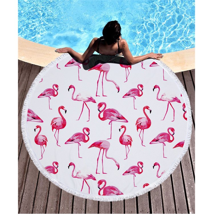 Fashionable Printed 150cm Round Bath Towels with Tassels Beach Towel - Flamingo-5