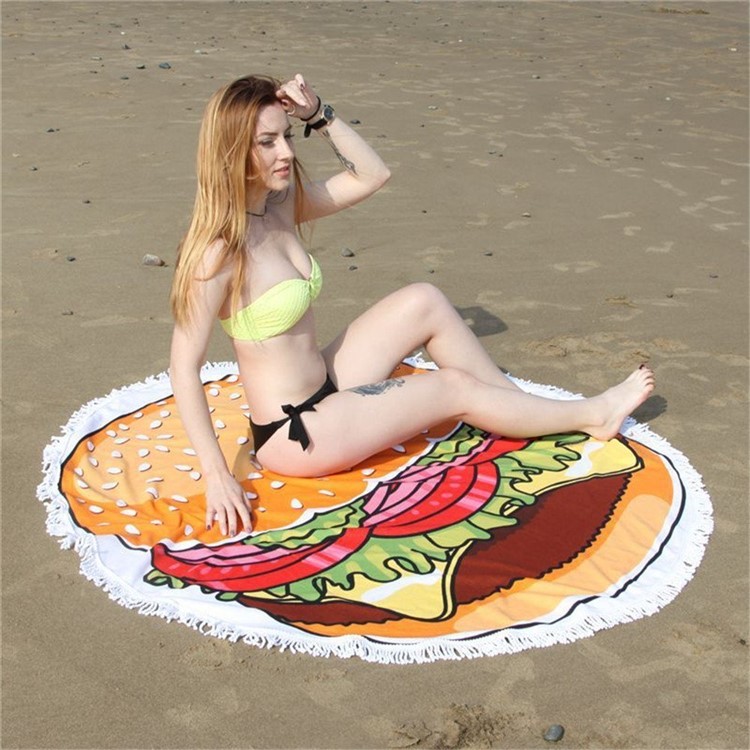New Printed Round Sunbath Blanket with Tassels Bath Towels (150cm) - Hamburger-1