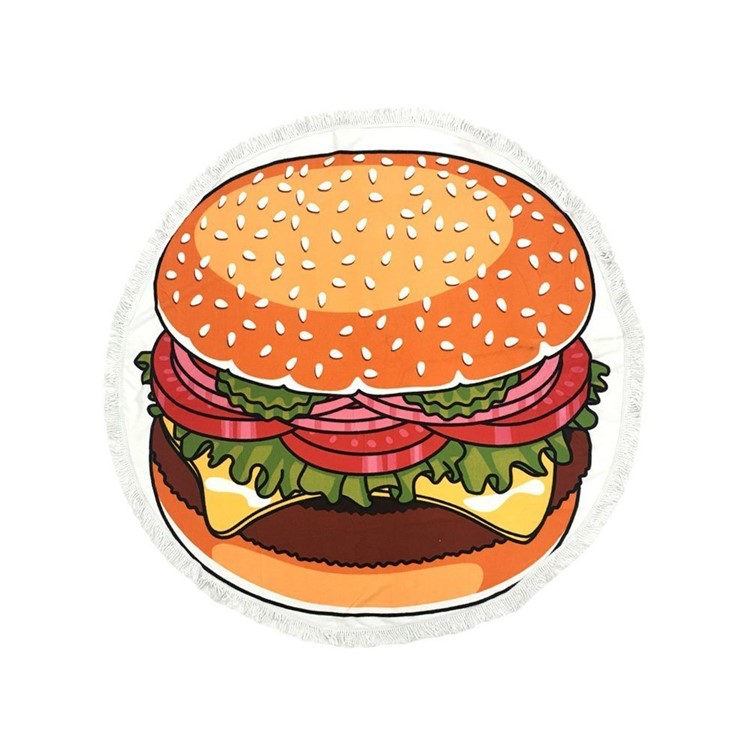 New Printed Round Sunbath Blanket with Tassels Bath Towels (150cm) - Hamburger-2