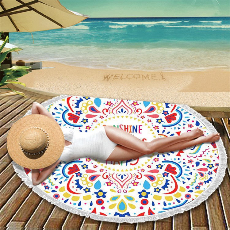 Printed Microfiber Round Beach Towel Tapestry Portable Tassel Blanket - English Letters and Mandala Flower-1