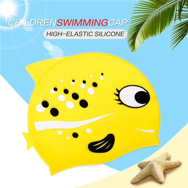 Children Swimming Cap Cartoon Fish Shape Elastic Silicone Swim Cap - Yellow-1