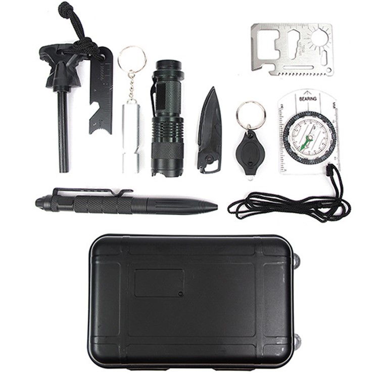 10in1 Outdoor Emergency Survival Kit Fire Starter Whistle Flashlight Pen Compass