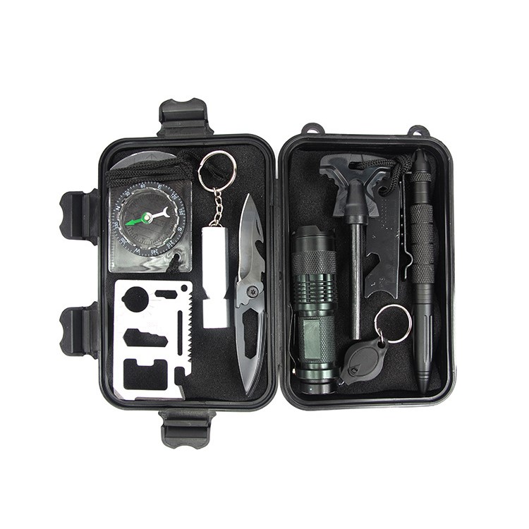 AOTU 10 in 1 Outdoor Emergency Survival Kit Compass Knife Fire Starter Whistle Flashlight and More-13