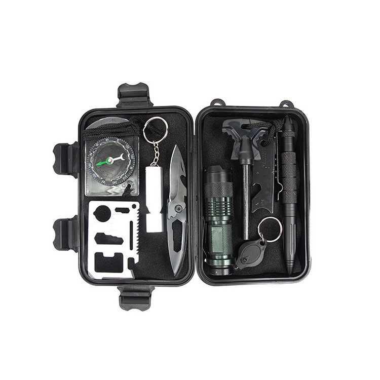 AOTU 10 in 1 Outdoor Emergency Survival Kit Compass Knife Fire Starter Whistle Flashlight and More-2