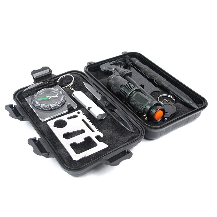 AOTU 10 in 1 Outdoor Emergency Survival Kit Compass Knife Fire Starter Whistle Flashlight and More-3
