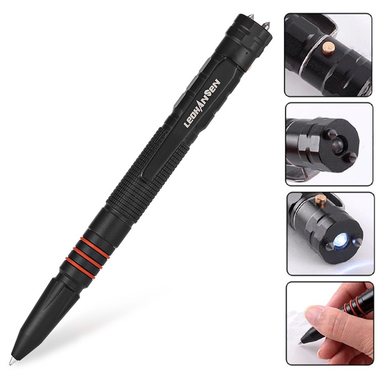 LEOHANSEN Tungsten Steel Tactical Pen Glass Breaker Tool with LED Flashlight Protection Security - Black-1