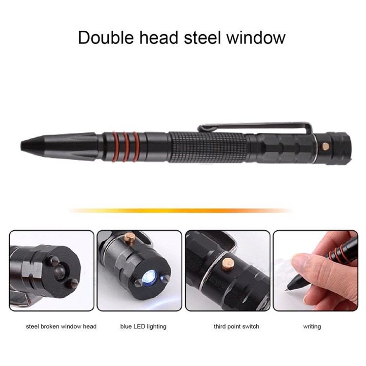 LEOHANSEN Tungsten Steel Tactical Pen Glass Breaker Tool with LED Flashlight Protection Security - Black-5