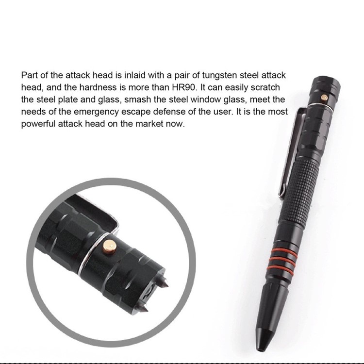 LEOHANSEN Tungsten Steel Tactical Pen Glass Breaker Tool with LED Flashlight Protection Security - Black-7