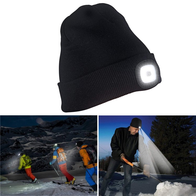 Unisex Rechargeable 4 LED Knitted Beanie Hat for Camping, Fishing, etc. - Black-1