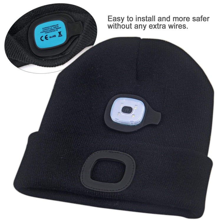 Unisex Rechargeable 4 LED Knitted Beanie Hat for Camping, Fishing, etc. - Black-8
