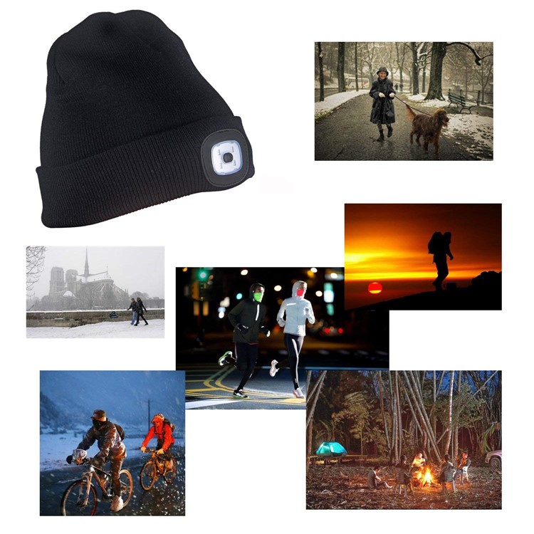 Unisex Rechargeable 4 LED Knitted Beanie Hat for Camping, Fishing, etc. - Black-9