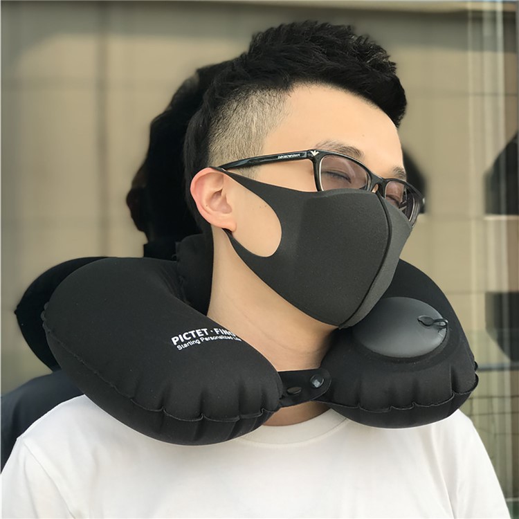 PICTET.FINO RH76 Inflatable Neck Pillow Portable Head Rest Pillow Cushion Travel Small U Shape Air Pillow Neckrest - Black-2