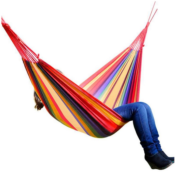 Outdoor Leisure Cotton Canvas Colorful Stripes Hammock 185x80cm - Red-1