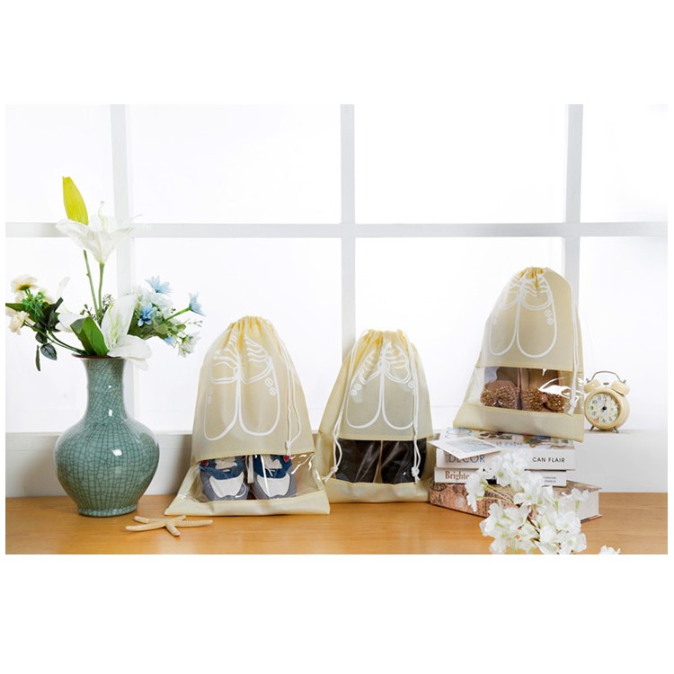 10 Pcs/Lot Non-Woven Dual Drawstring Shoe Bags with See Through Window - Beige / Size: M-1