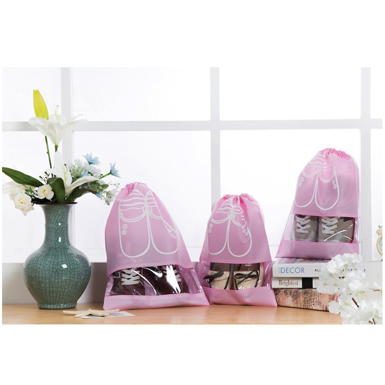 10 Pcs/Lot Dual Drawstring Non-Woven Shoe Storage Bag with Clear View Window - Pink / Size: L-1