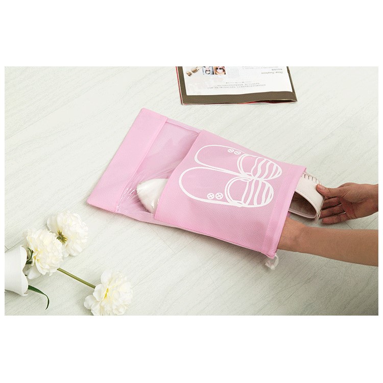 10 Pcs/Lot Dual Drawstring Non-Woven Shoe Storage Bag with Clear View Window - Pink / Size: L-3