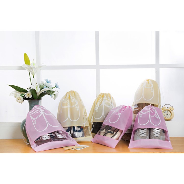 10 Pcs/Lot Dual Drawstring Non-Woven Shoe Storage Bag with Clear View Window - Pink / Size: L-6