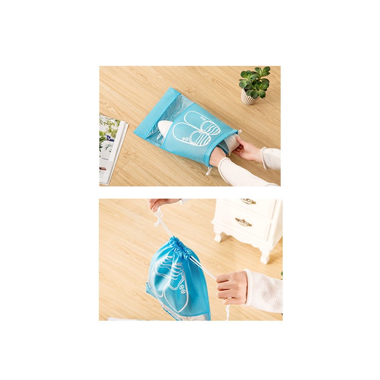 10 Pcs/Lot Clear View Window Shoe Bags Non-Woven Dual Drawstring Pouch - Blue + Dark Blue / Size: M-2
