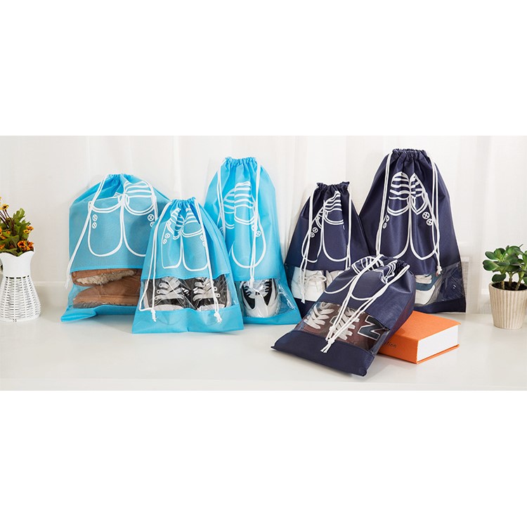10 Pcs/Lot Clear View Window Shoe Bags Non-Woven Dual Drawstring Pouch - Blue + Dark Blue / Size: M-3