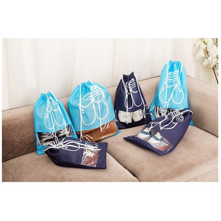 10 Pcs/Lot Clear View Window Shoe Bags Non-Woven Dual Drawstring Pouch - Blue + Dark Blue / Size: M-4