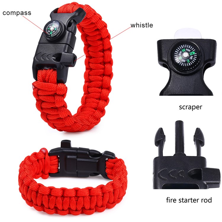 Multifunctional Outdoor Survival Paracord Bracelet, Fire Starter/Whistle/Compass/Scraper - Red-1