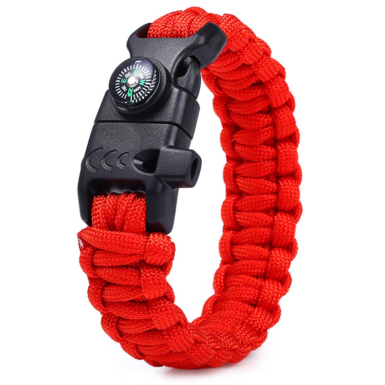 Multifunctional Outdoor Survival Paracord Bracelet, Fire Starter/Whistle/Compass/Scraper - Red-2