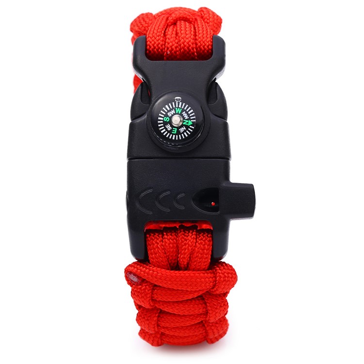 Multifunctional Outdoor Survival Paracord Bracelet, Fire Starter/Whistle/Compass/Scraper - Red-3