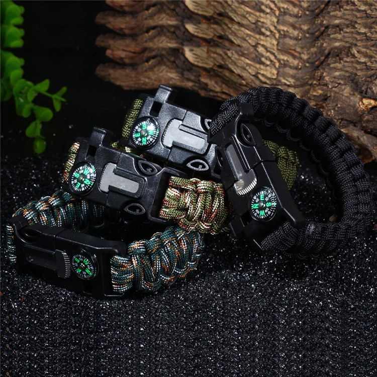 5pcs/set 5 in 1 Outdoor Survival Bracelet with Whistle, Flintstone, Compass, Scraper, Reflective Strip - Black-5