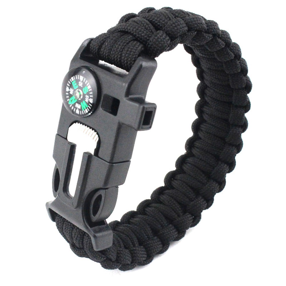 5 in 1 Outdoor Survival Bracelet with Whistle, Flintstone, Compass, Scraper, Reflective Strip Rope - Black-1