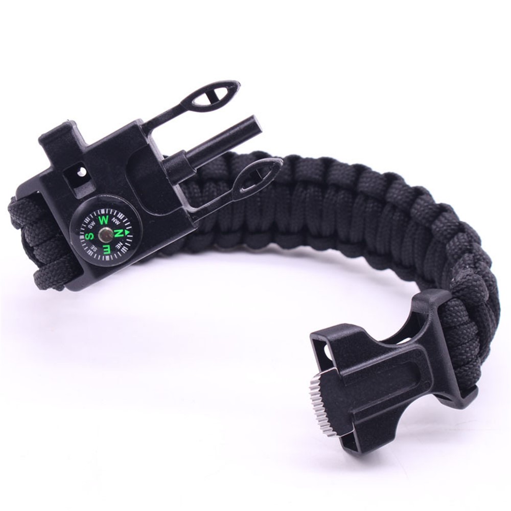 5 in 1 Outdoor Survival Bracelet with Whistle, Flintstone, Compass, Scraper, Reflective Strip Rope - Black-2